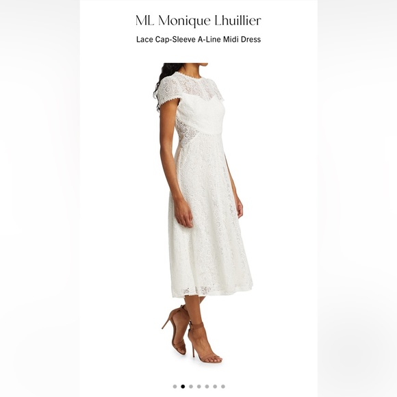 ML Monique Lhuillier Lace Cap-Sleeve A-Line Midi Dress